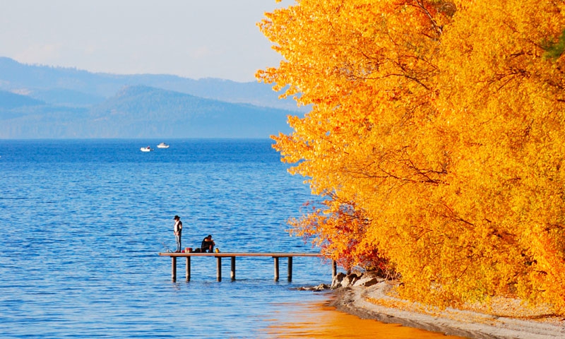 Man Fly Fishing at a dock on Flathead Lake in Autumn